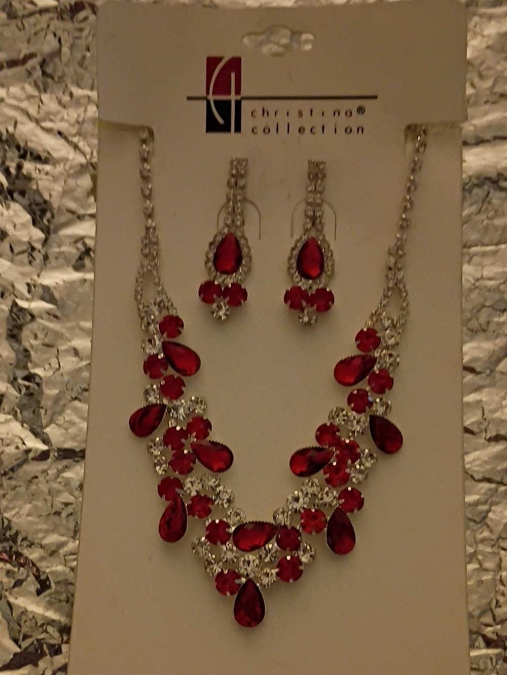 Christina Collection Red Crystal Teardrop Necklace & Earring Set